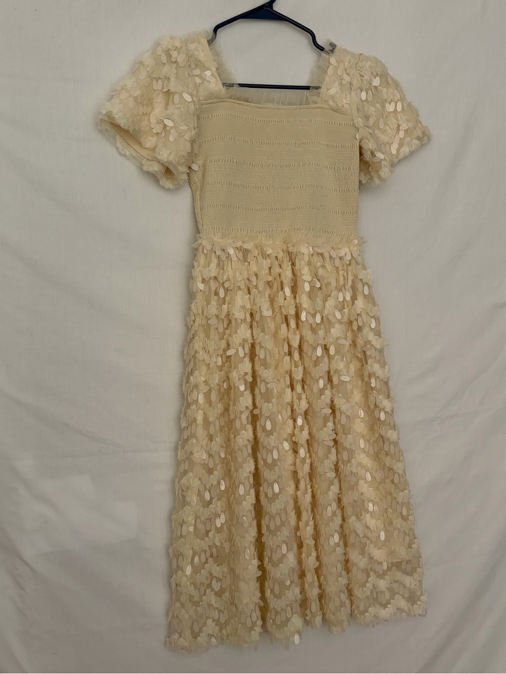 Ivy City Co Girls Cream Sequin Tulle Dress Smocked Puff Sleeve Sz 11-12T(A882)